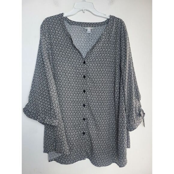 Catherine's & White Geometric Print Button Down Collarless Blouse size 2X - Picture 1 of 7